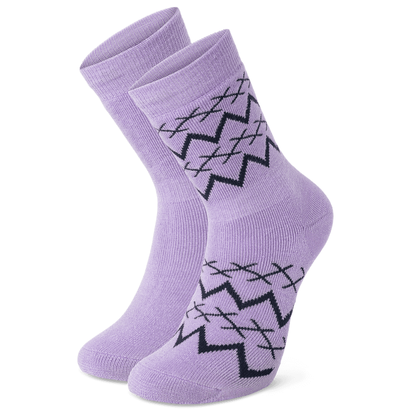 Johaug lavender sports socks with dark zigzag geometric pattern front and back view on transparent background