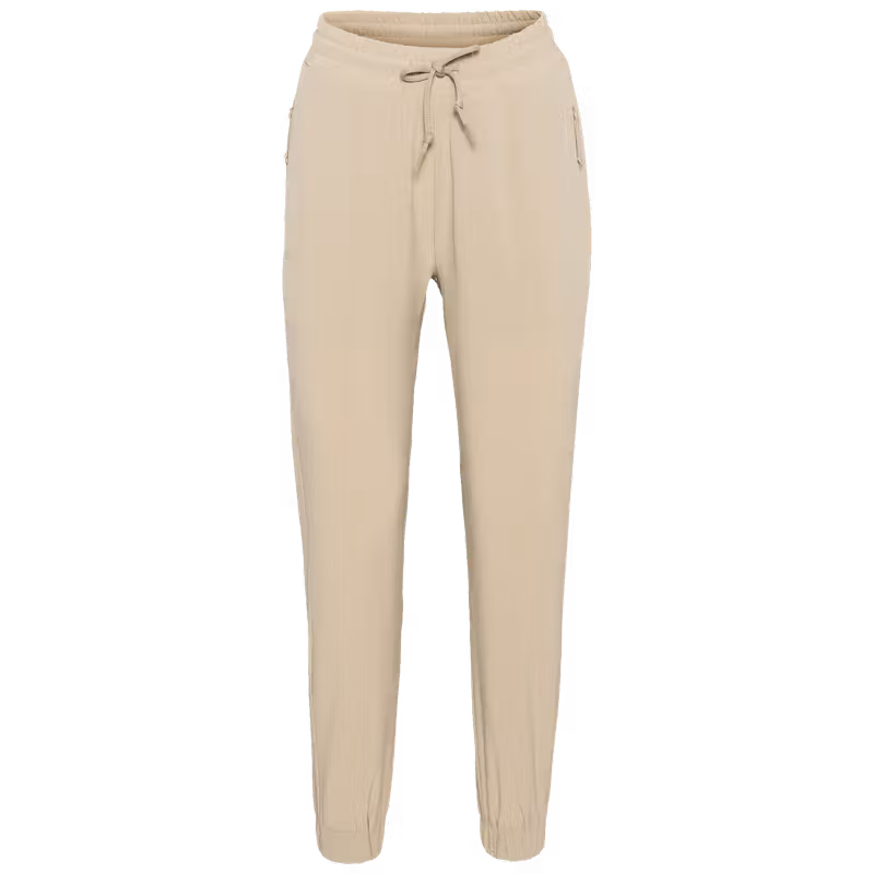 Beige women's microfibre training pants with regular fit, drawstring waist and cuffed ankles, front product photo.
