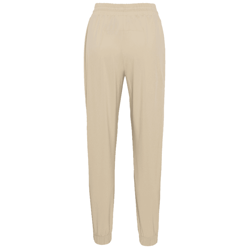 Beige women's microfibre training pants with regular fit, cuffed ankles and drawstring, product photo of back view.