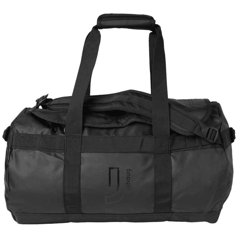 Johaug black duffel sports bag with top handles, shoulder strap and Johaug logo
