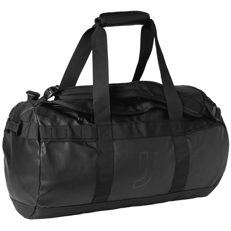 Johaug black duffel sports bag front view with J logo and adjustable shoulder strap
