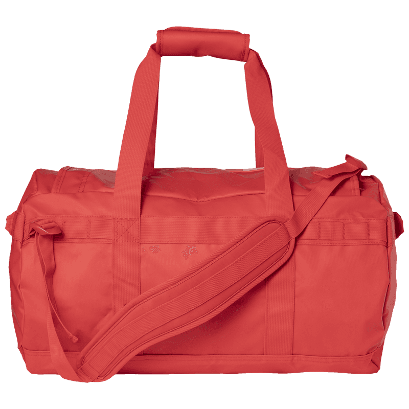 Johaug Tred red duffel sports bag side view with top handles and shoulder strap