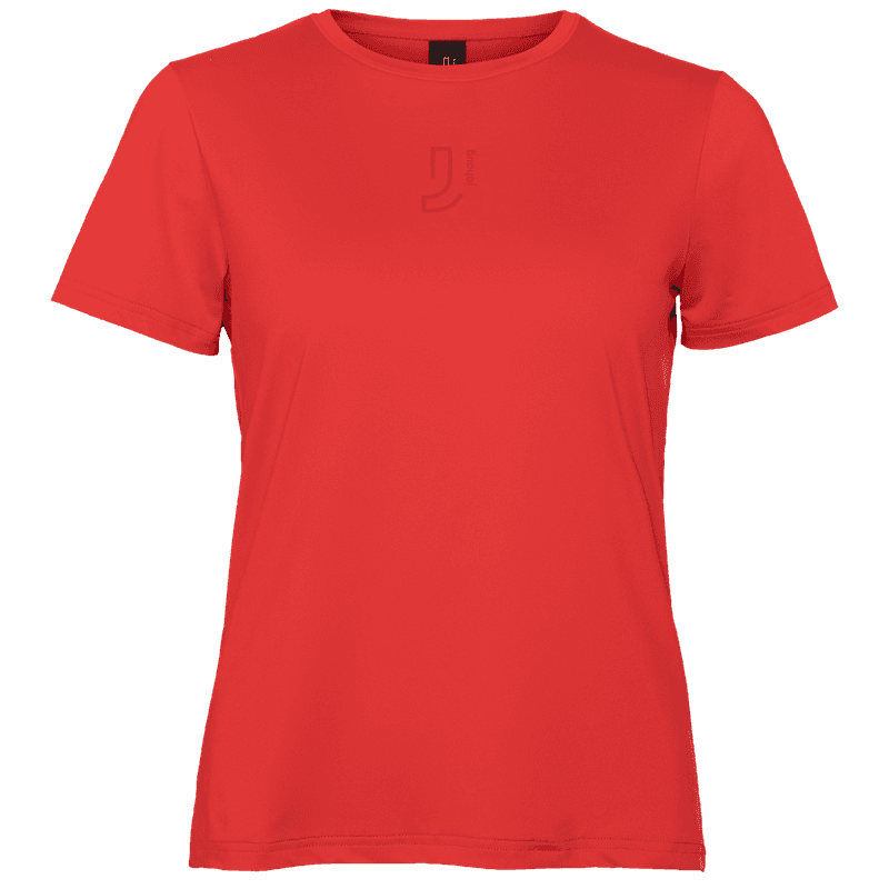 Johaug Elemental Tee 2.0 in Tred – front view of red crew-neck training t-shirt with J logo