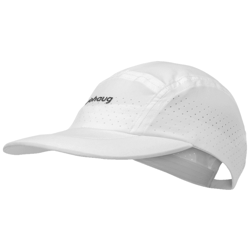 White Johaug Discipline running cap featuring laser-cut ventilation panels and a moisture-wicking design.