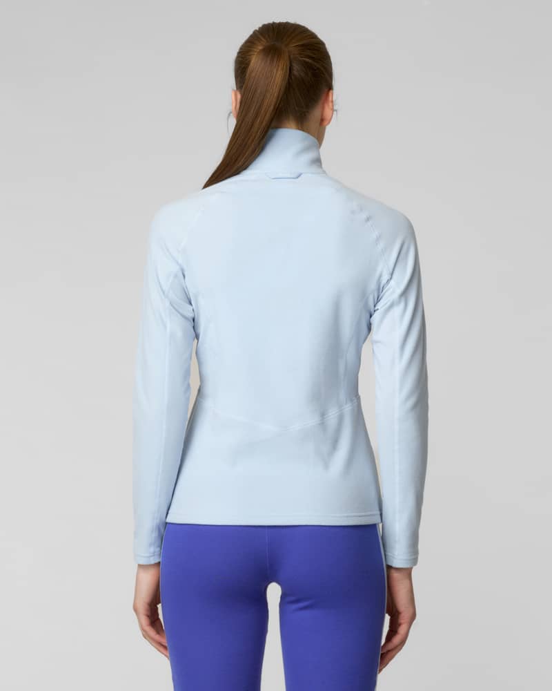Back view of a light blue quarter-zip sweater