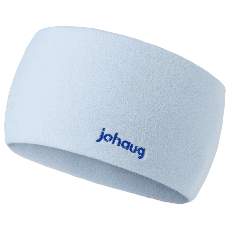 Johaug light blue fleece headband with embroidered johaug logo on transparent background