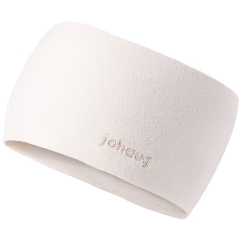 Johaug fleece headband in Tofu cream color with embossed Johaug logo, side view