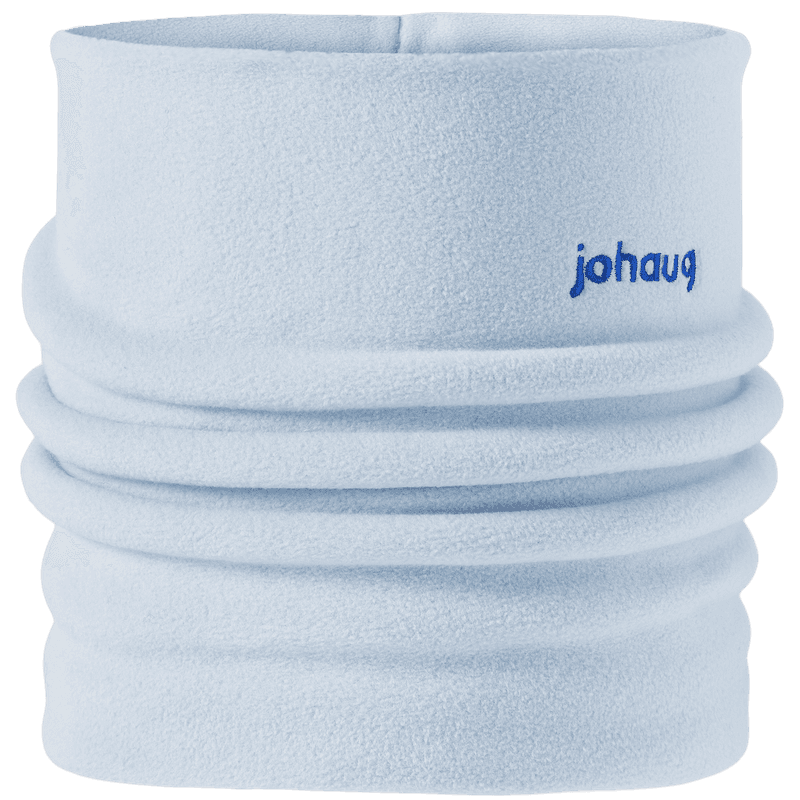 Johaug light blue fleece neck gaiter tube scarf with embroidered Johaug logo on transparent background