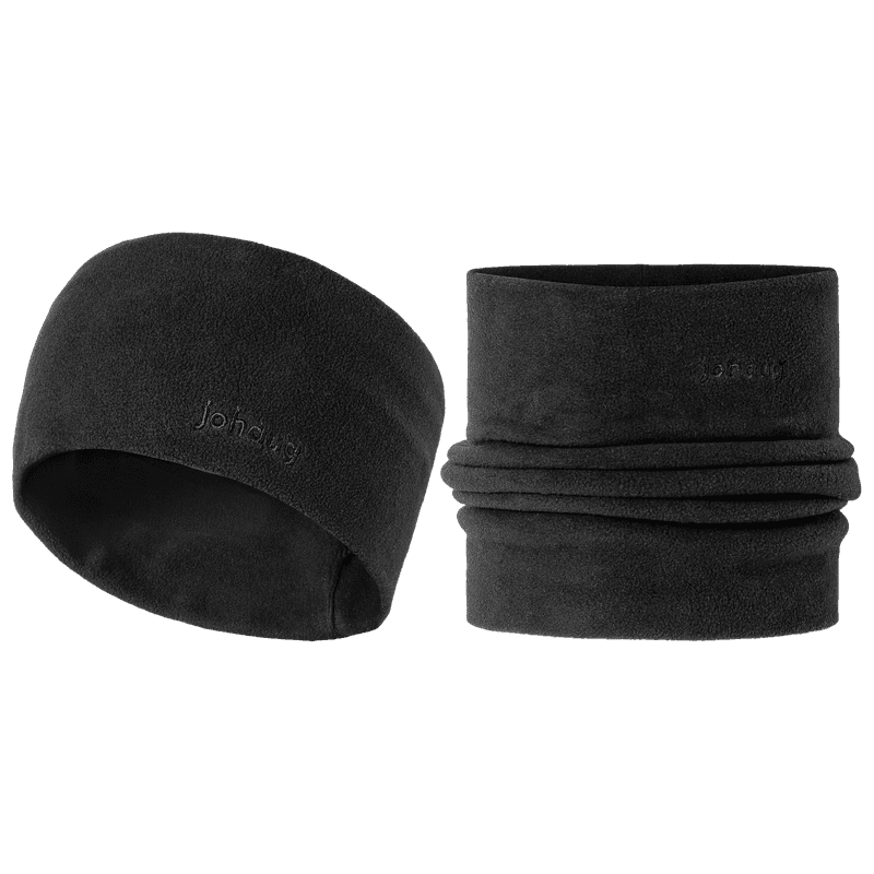 Johaug black fleece beanie hat and neck gaiter tube set on transparent background