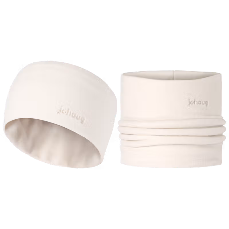 Johaug tofu cream fleece beanie hat and neck gaiter tube set on transparent background