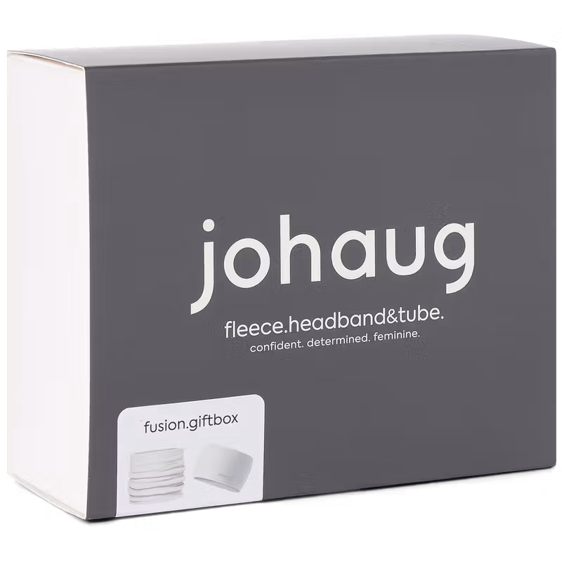 Johaug tofu fleece headband and tube fusion gift box with product imagery on transparent background