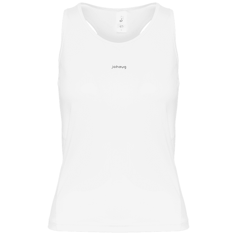 Front view of the white Johaug Energy Singlet, a classic training tank made with 4-way stretch recycled fabric.