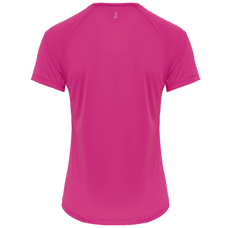 Back of the berry pink Johaug Energy T-Shirt highlighting the flatlock seams and athletic fit for comfort.