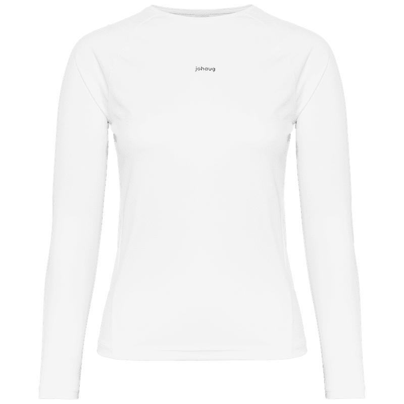Front of the white Johaug Energy Long Sleeve training shirt, featuring a round neck and discreet logo for a minimalist look.
