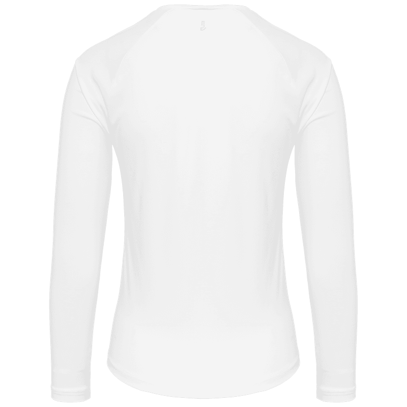Back view of the white Johaug Energy Long Sleeve running shirt, made from lightweight, moisture-wicking recycled materials.