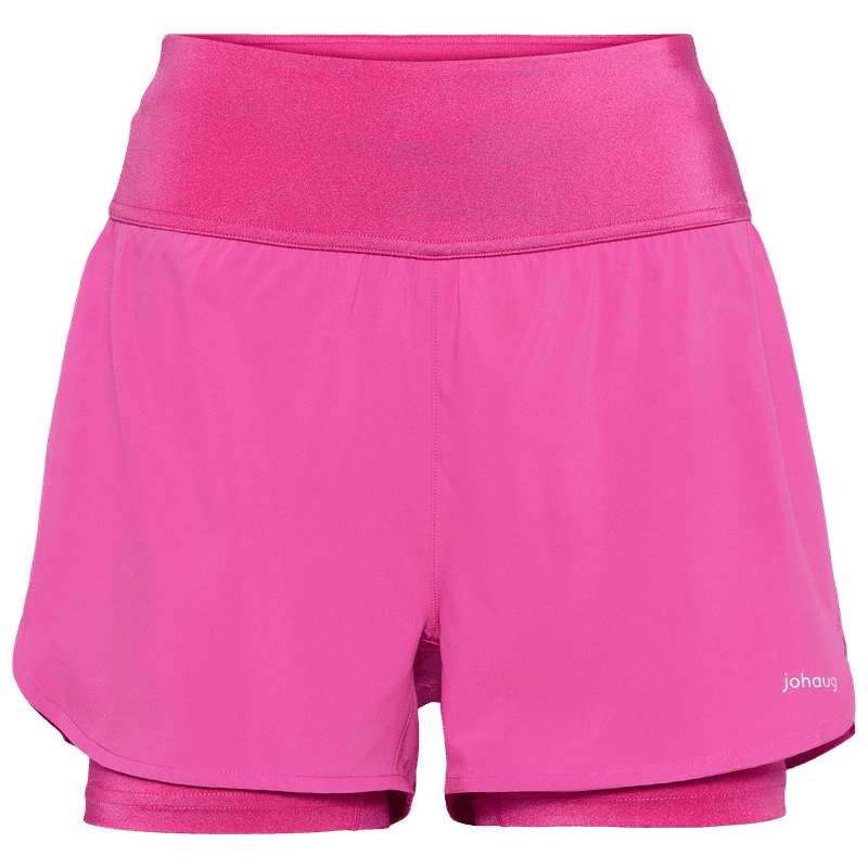 Johaug Impact 2 in 1 training shorts in berry pink with matching inner shorts and a high, supportive waistband.