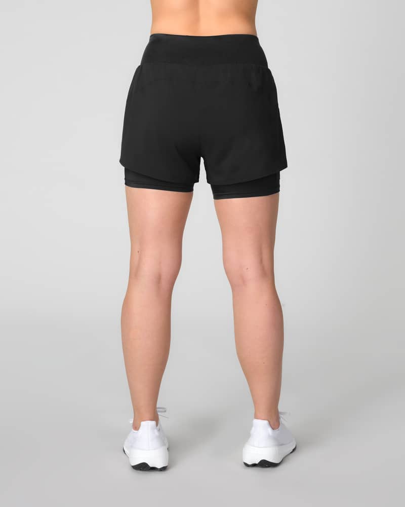 Back view of a woman wearing Johaug black Impact 2 in 1 Shorts with liner and a supportive high waistband.