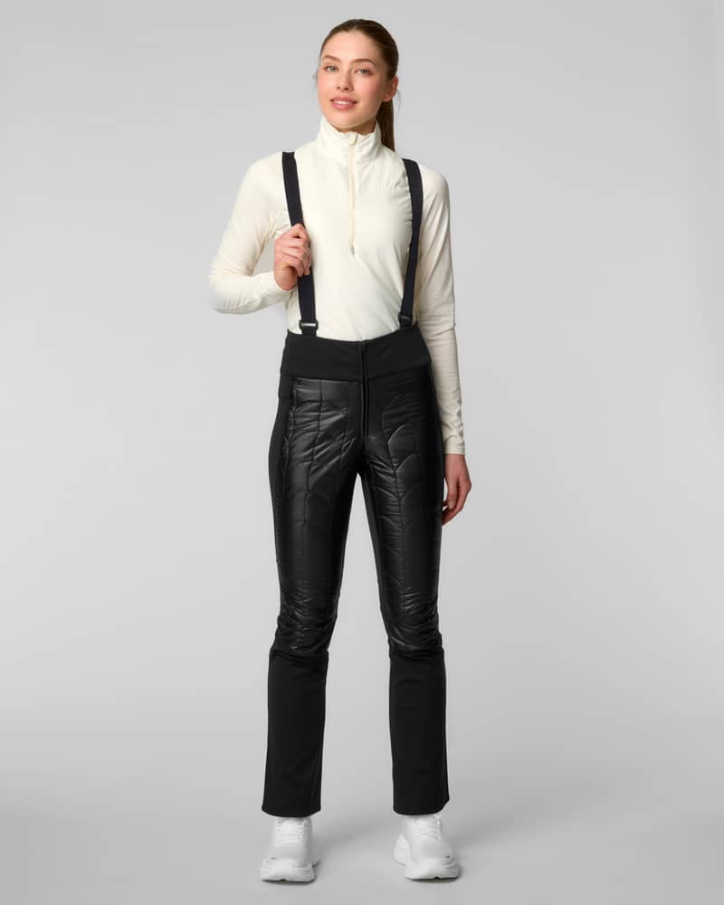 Front view of black bib-style ski pants with suspenders
