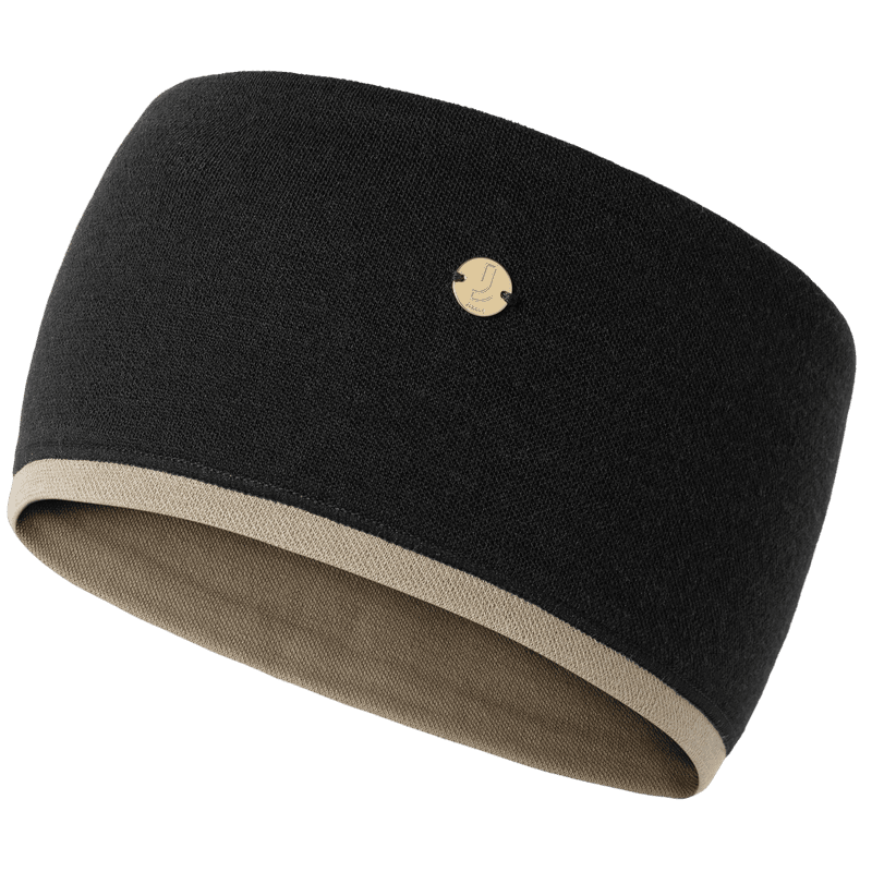 Johaug black fleece headband with camel contrast lining and Johaug logo pin on transparent background