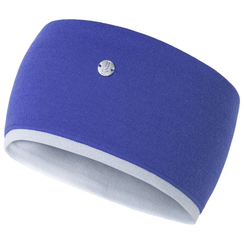 Johaug electric blue fleece headband with white contrast lining and Johaug logo pin on transparent background