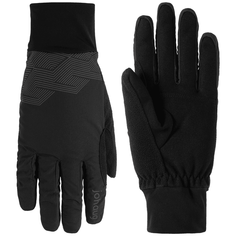 Johaug black ski gloves with geometric pattern, front and back view on transparent background