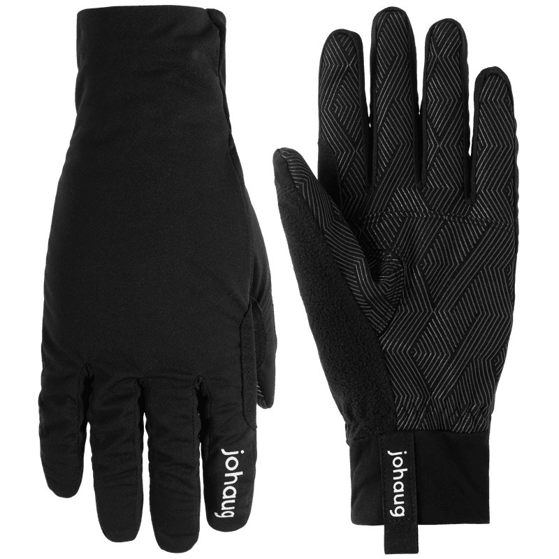 Black Johaug running gloves with textured grip palm shown front and back view, product image