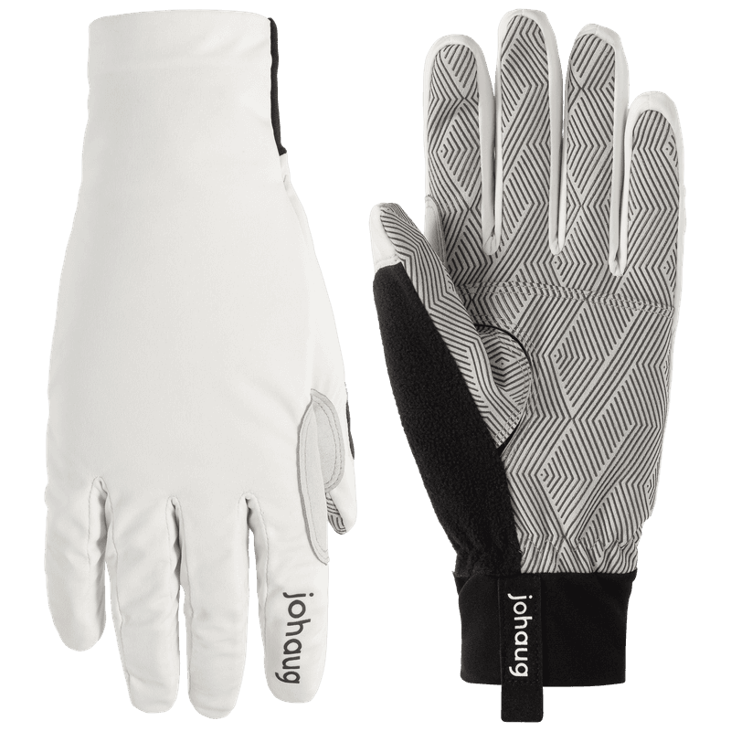 Johaug tofu white ski gloves with geometric grip pattern, front and back view on transparent background