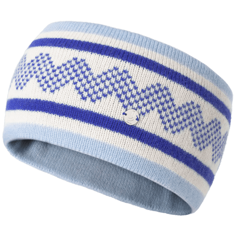 Johaug light blue and white knit headband with geometric zigzag pattern and small logo on transparent background