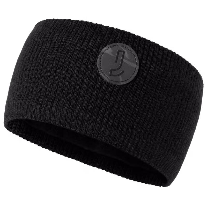 Johaug black ribbed fleece headband with circular J logo badge on transparent background