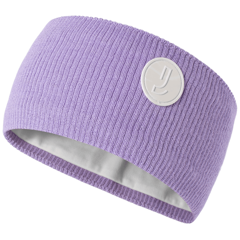 Johaug lavender ribbed knit headband with large circular Johaug logo badge on transparent background