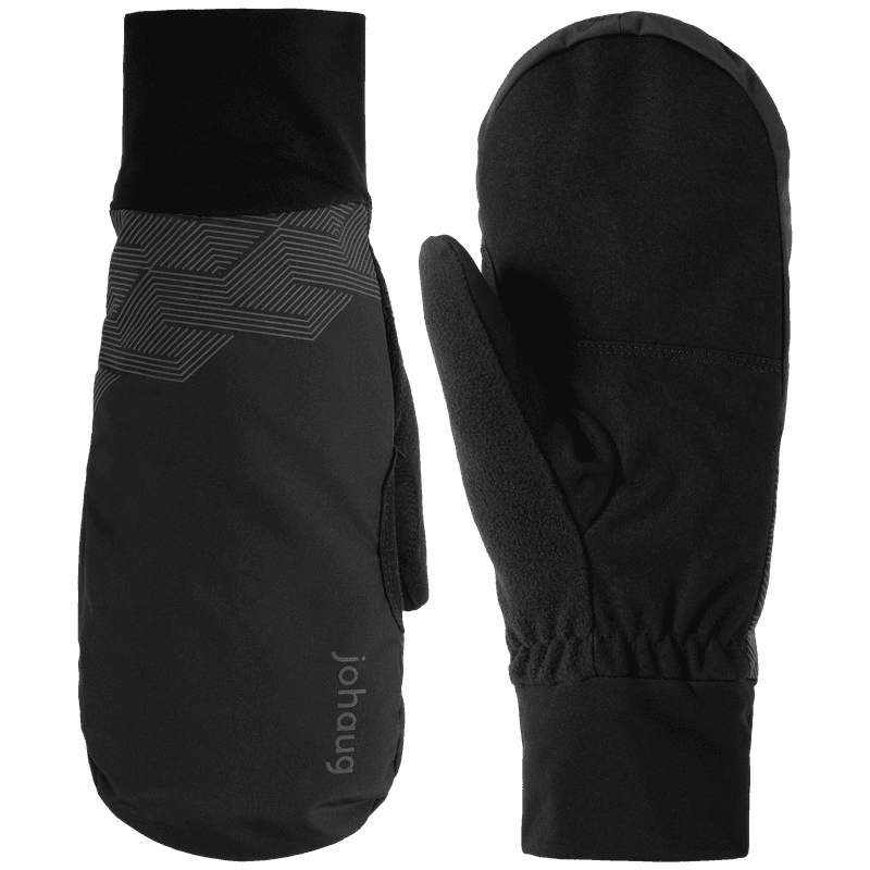 Black Johaug ski mittens with geometric pattern cuff and johaug logo, shown side and front view