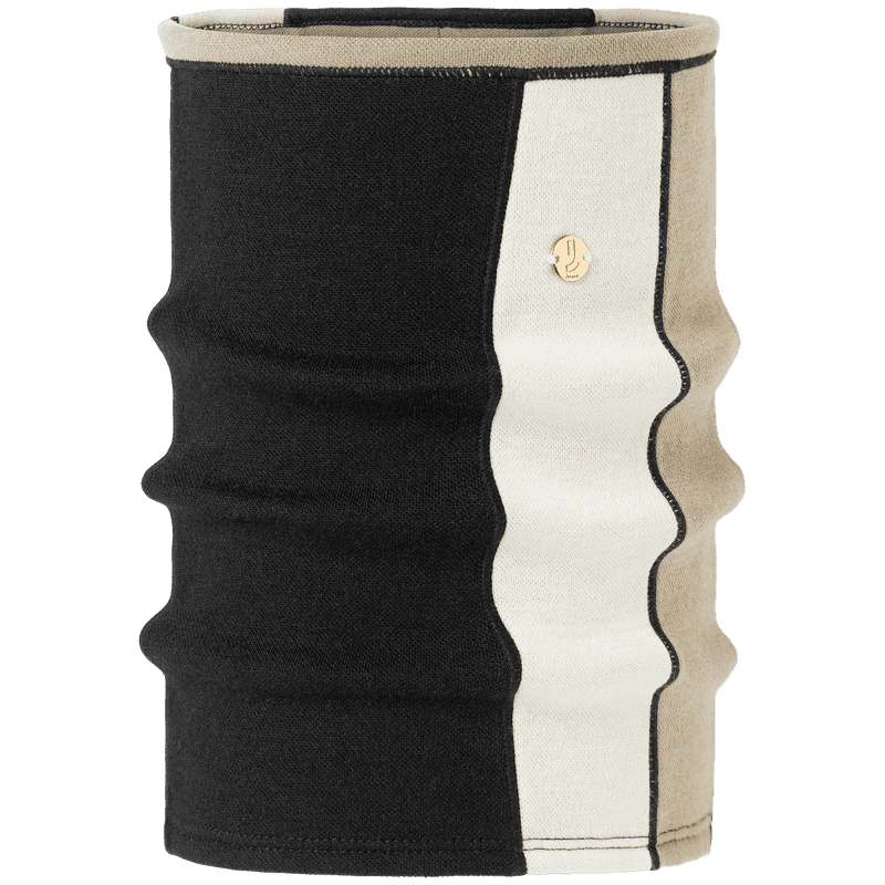 Johaug black and beige two-tone neck gaiter tube scarf with gold J logo badge on transparent background