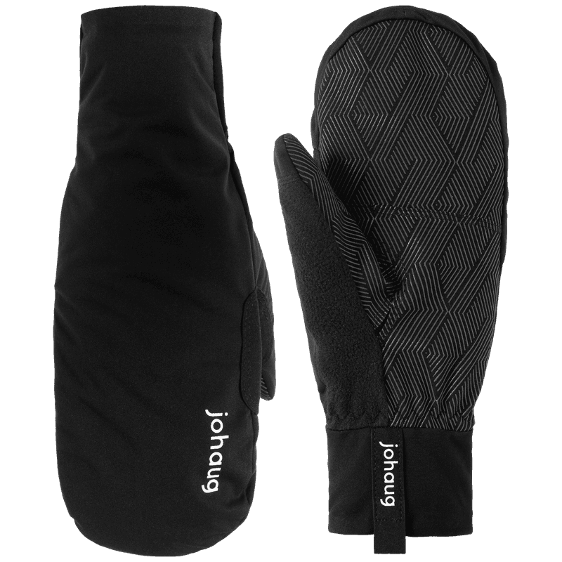 Johaug black ski mittens with diamond grip pattern and Johaug text, front and back view
