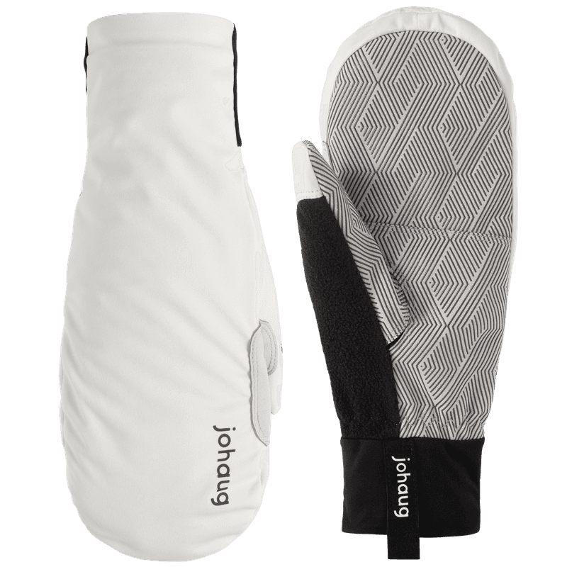 White Johaug ski mittens with black trim and geometric patterned palm, shown front and back on transparent background