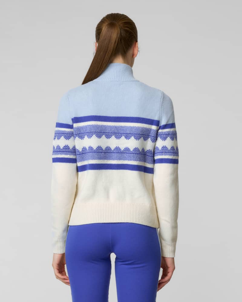 Back view of a light blue and cream fair isle knit sweater