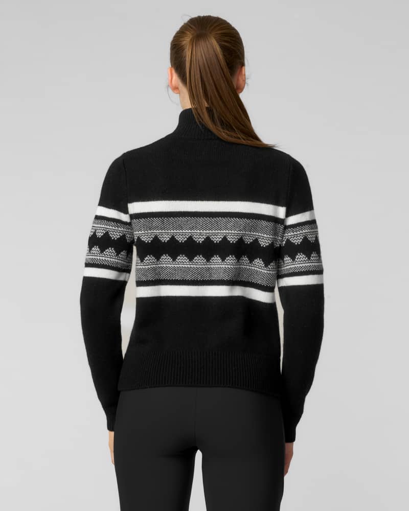 Back view of a black knit sweater with a fair isle patterned stripe